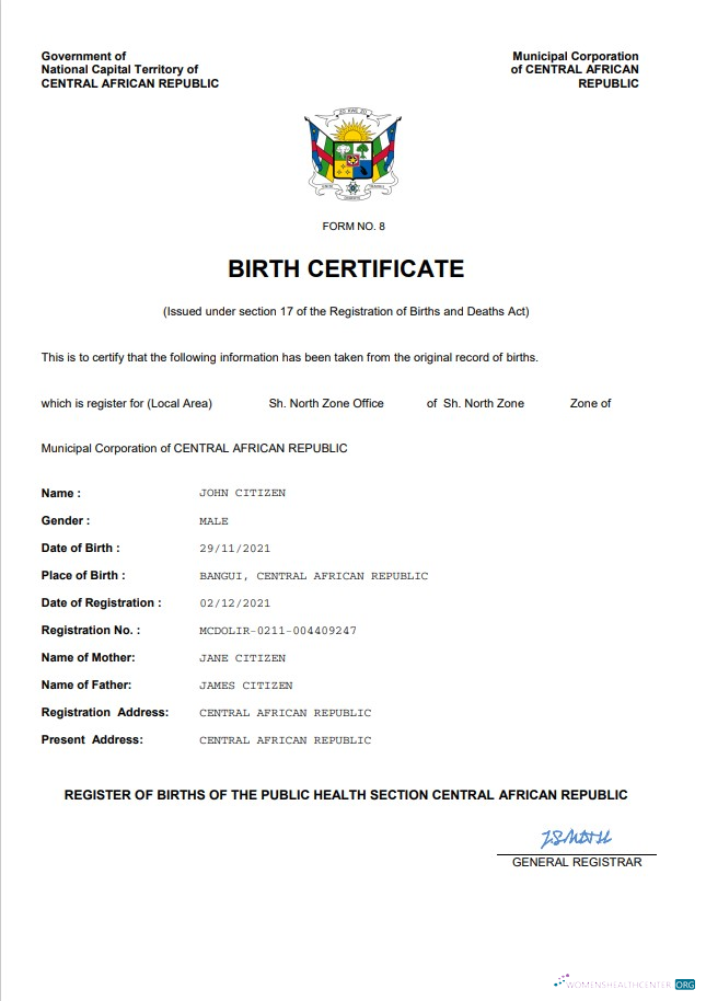 Download Central African Republic vital record birth certificate Word and PDF template Photoshop template